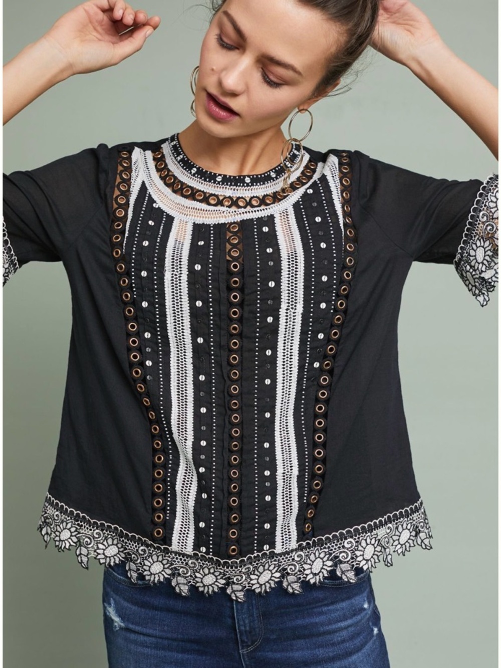 Anthropologie Vanessa Virginia Bonnie Eyelet Top | Black Boho Lace Blouse
